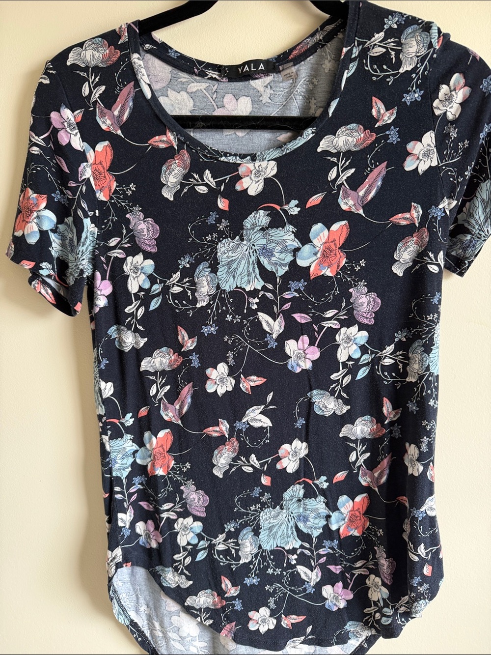 Yala Black Floral Short Sleeve Tee with Red and Light Blue Accents